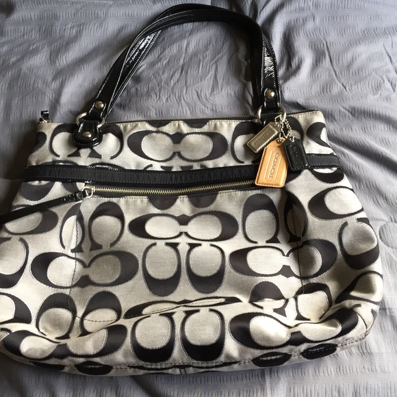 gray and black coach purse